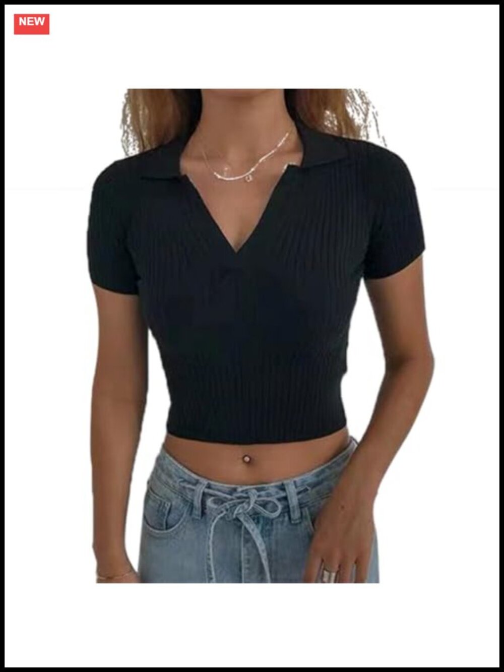 Ribbed Knit Crop Polo Shirt Short Sleeve V Neck Fitted Top